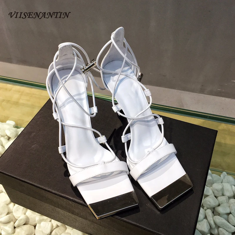 

Шнуровка; Женские сандалии на очень высоком 2021 летние металла с квадратным носком с ремешком на каблуке-шпильке с открытым носком; Обувь в р...