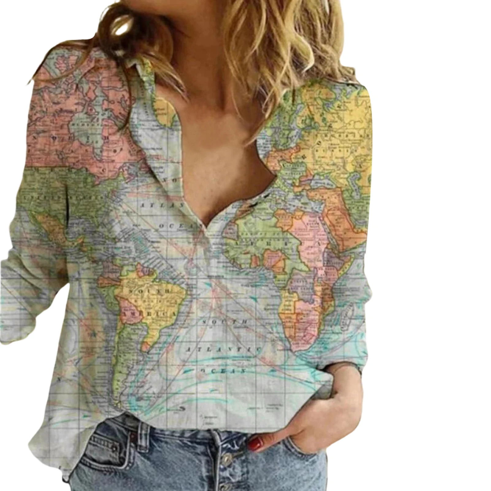 Women Long Sleeve World Map Printing Shirt Lapel Clothing Shopping Traveling Casual Comfortable Light And Elegant Fashion Beauty