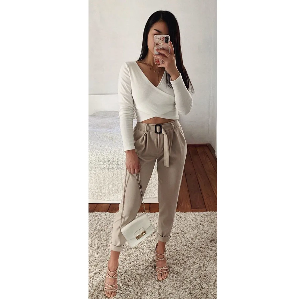 

Summer New Fashion Commuters Women's V Collar Long-Sleeved White Blouse