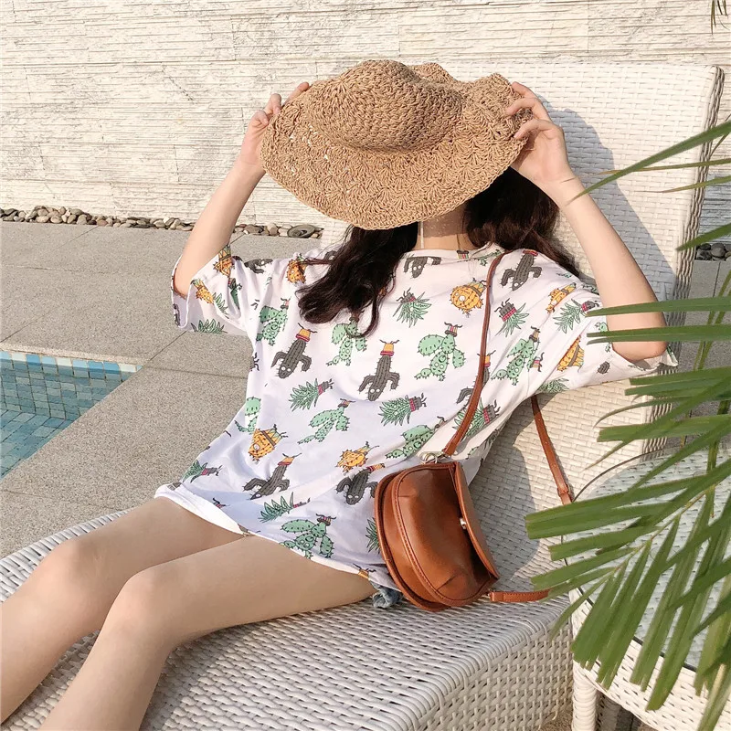 Летняя Хлопковая женская футболка с принтом кактуса козы коротким рукавом