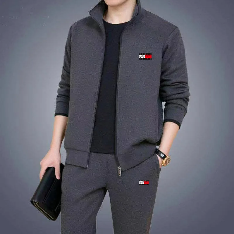 

2021Men's Sportswear Two Piece Set Autumn New Casual Tracksuit Stand Zipper Gray Sweatshirt Sweatpant Survetement Homme