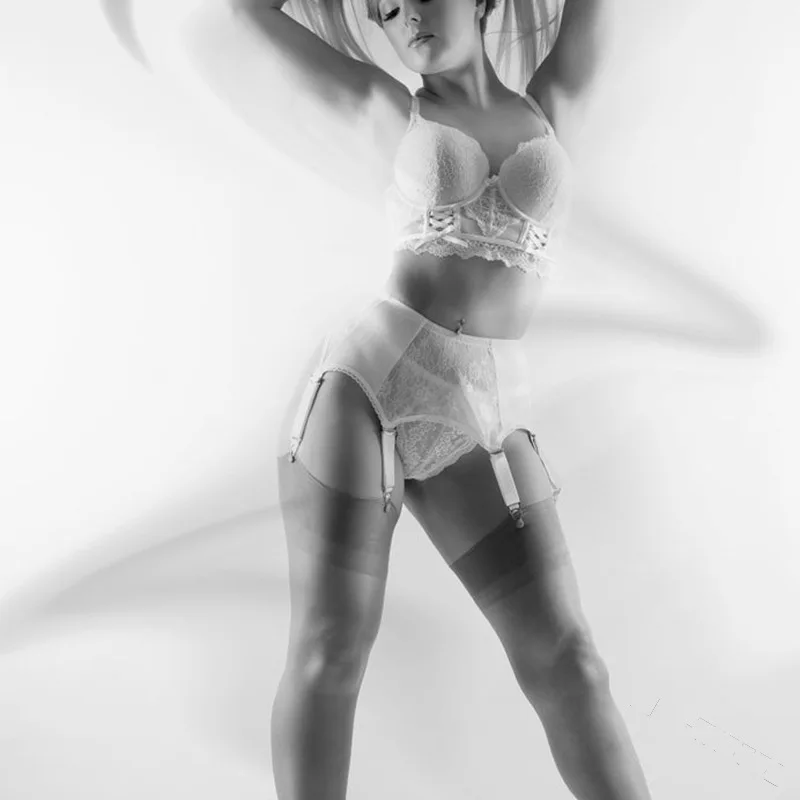 

Mandylandy Women Sexy Lingerie Garter Lady Hollow Out Stockings with Garters Lace See Through Garter Combination