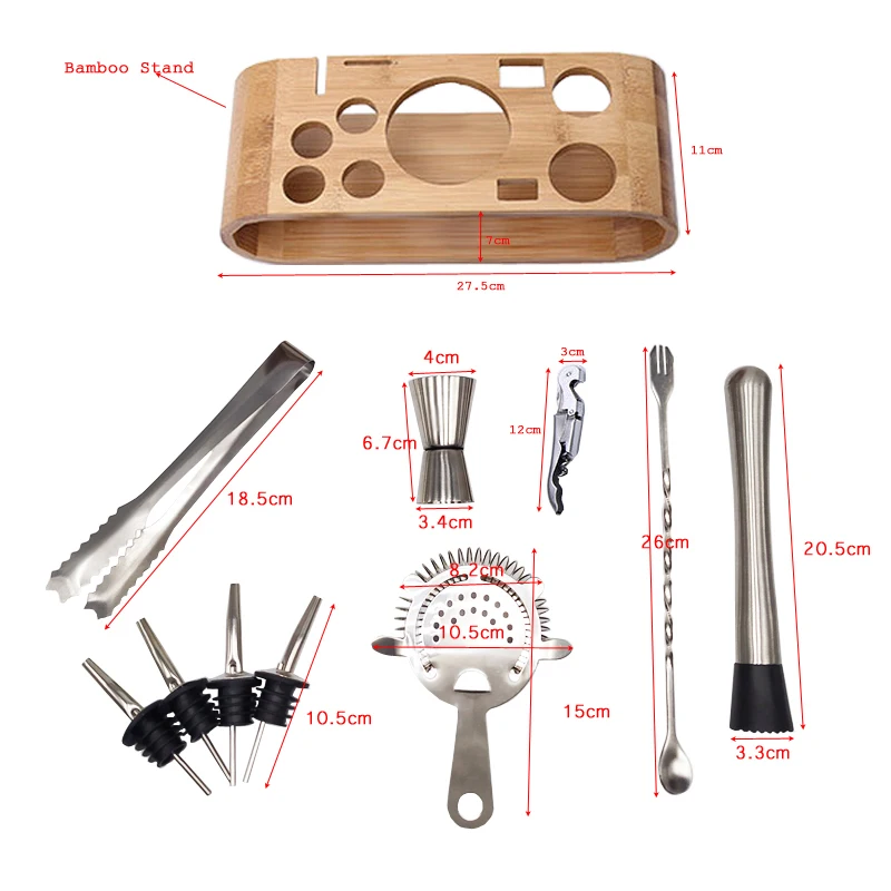 

12Pcs Stainless Steel Cocktail Shaker Bar Set Wine Drinking Mixer Boston Style Shaker Party Bar Tool with Bamboo Stand