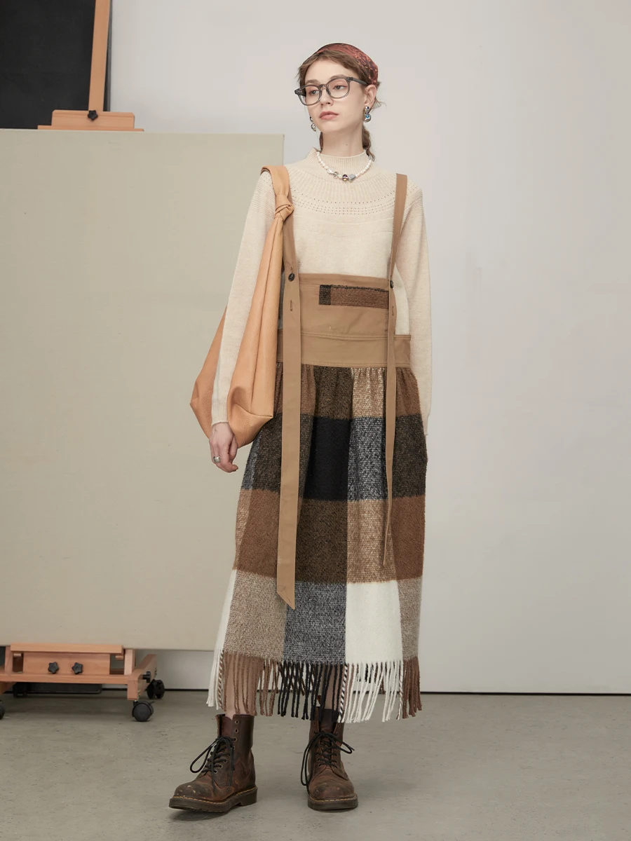 

IRINACH485 Fall Winter 2021 Collection Original Design Women Long Tassel Plaid Wool Skirt Overalls