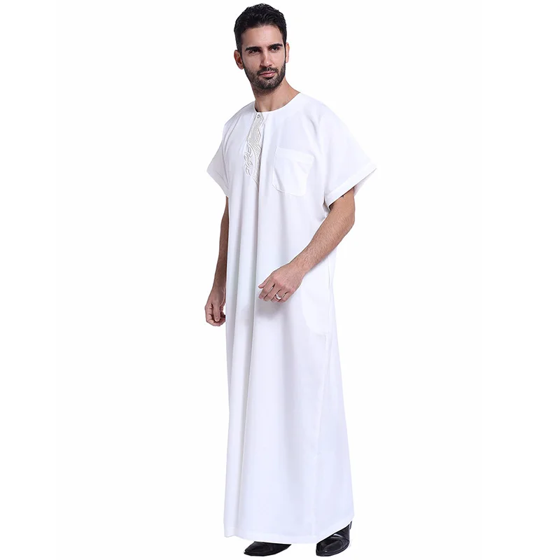 Fashion Muslim Saudi Arabia Embroidery Short Sleeve Men's Robe Large Size Islamic Clothing Ramadan Mosque Prayer Long Skirt
