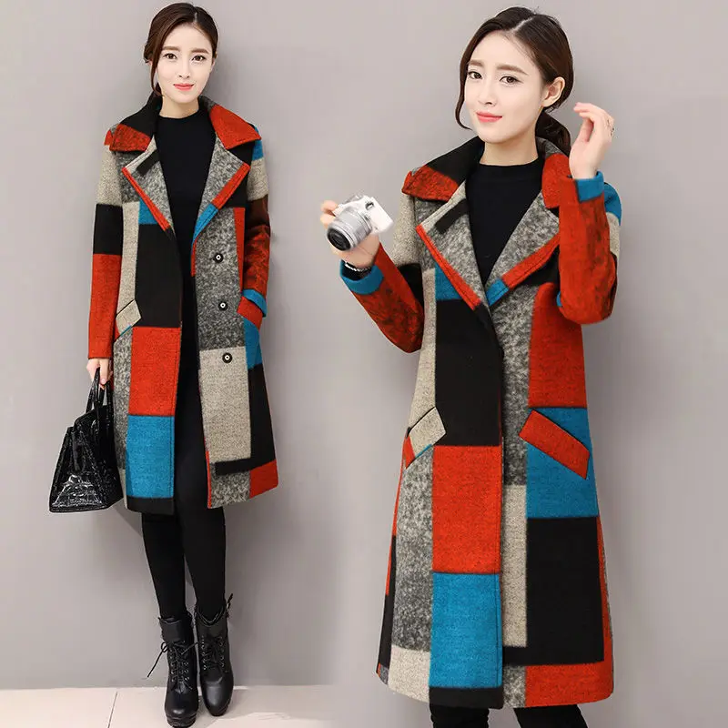 

Good Quality Korean Color Plaid Long Sleeve Mid-length Woolen Coat Women