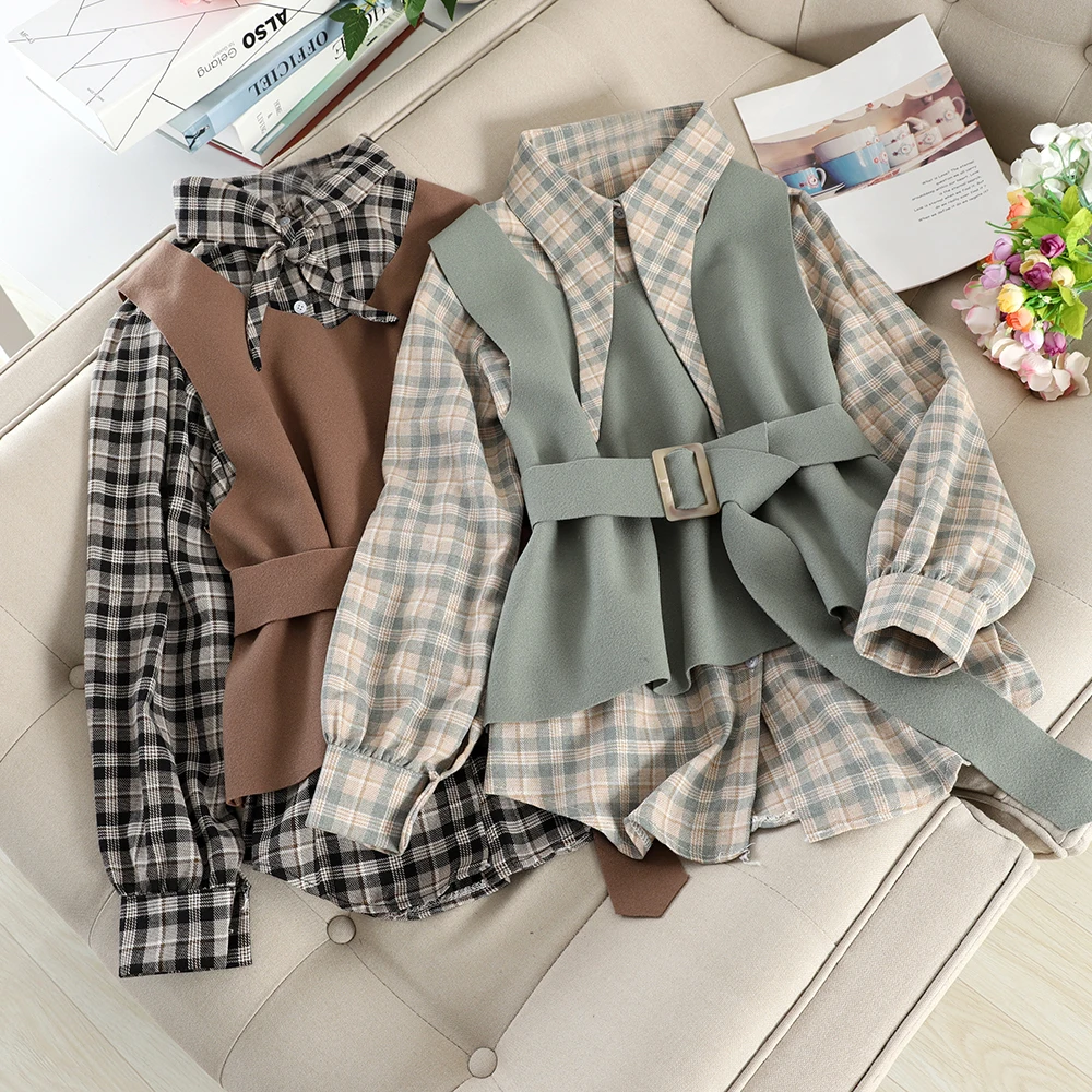 SINGRAIN женские клетчатые блузки из Корана шерстяной Теплый жилет с поясом Модный