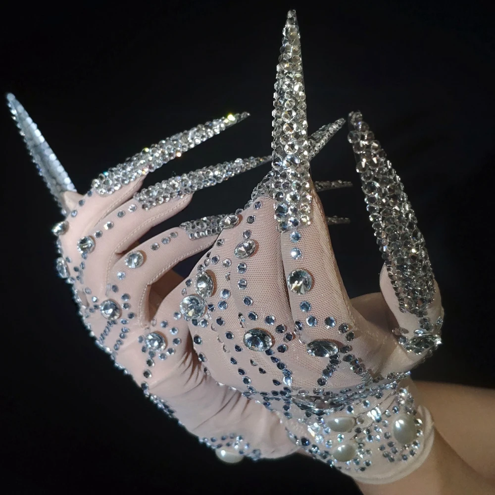 

Luxurious AB Rhinestone Pearls Plus Length Nails Gloves Women Fashion Drag Queen Outfit Nightclub Stage Performance Accessories