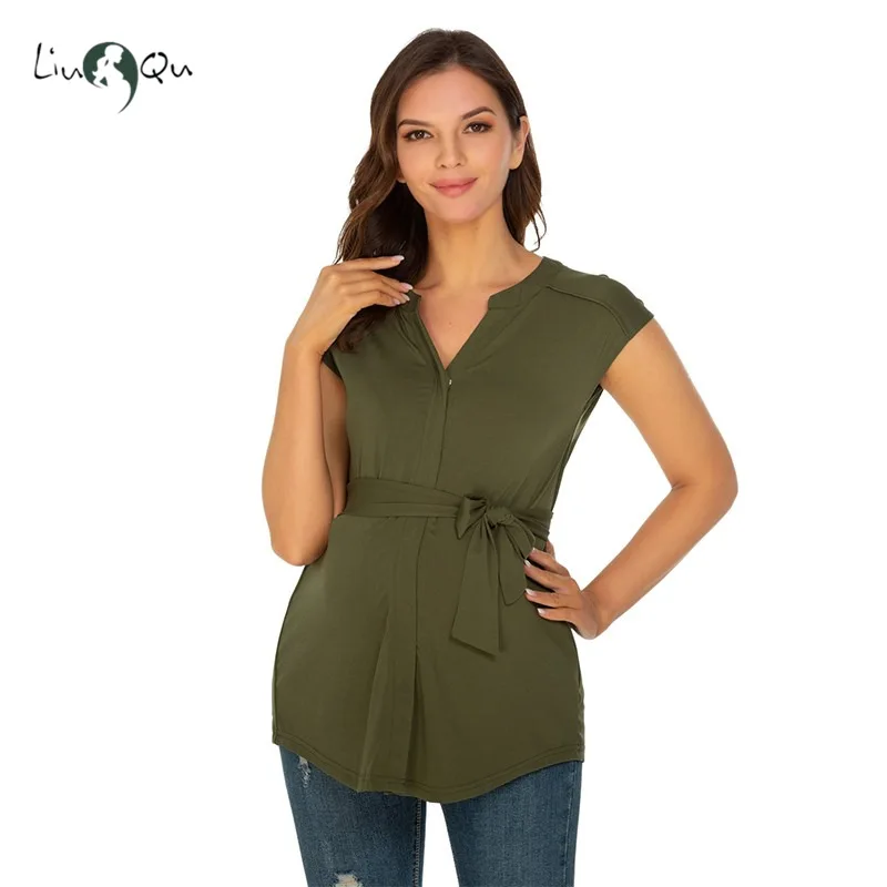 Летняя блузка для беременных футболки без рукавов модные топы с поясом v-образным