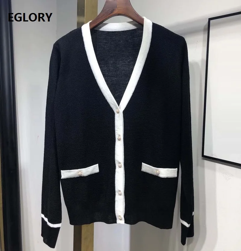 

2020 Autumn Winter Fashion Cardigans High Quality Tops Coat Ladies V-Neck Color Block Knitting Long Sleeve Casual Sweaters