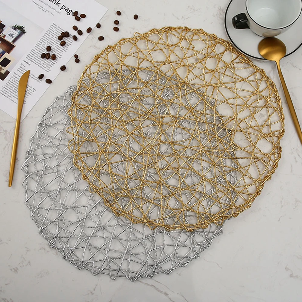 38cm Rural Table Hollow Mat Round Woven Dining Placemat Pads Dinnerware Cup Coaster Gold Silver