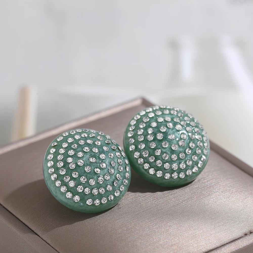 

Vintage Big Round Green Resin Stud Earrings Pave Rhinestone Trendy Acrylic Geometric Statement Earrings for Women Jewelry Gifts