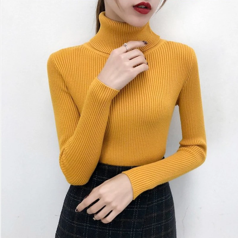 Women Turtleneck Sweatshirt Warm Thick Knitted Solid Color Slim Sweater All-match Bottoming...