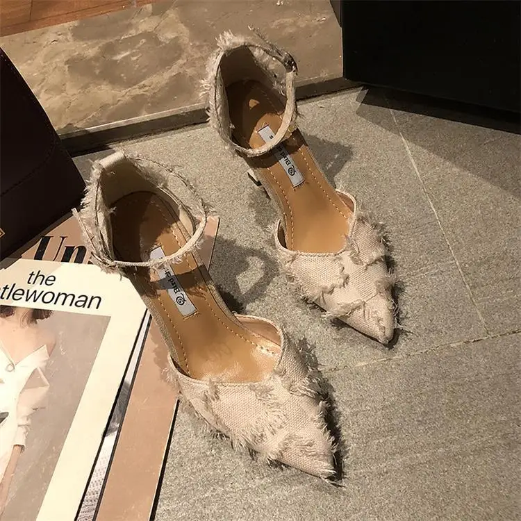 

Sandals women 2021 new women's summer button small fresh high heels versatile women's shoes pointed cat heels