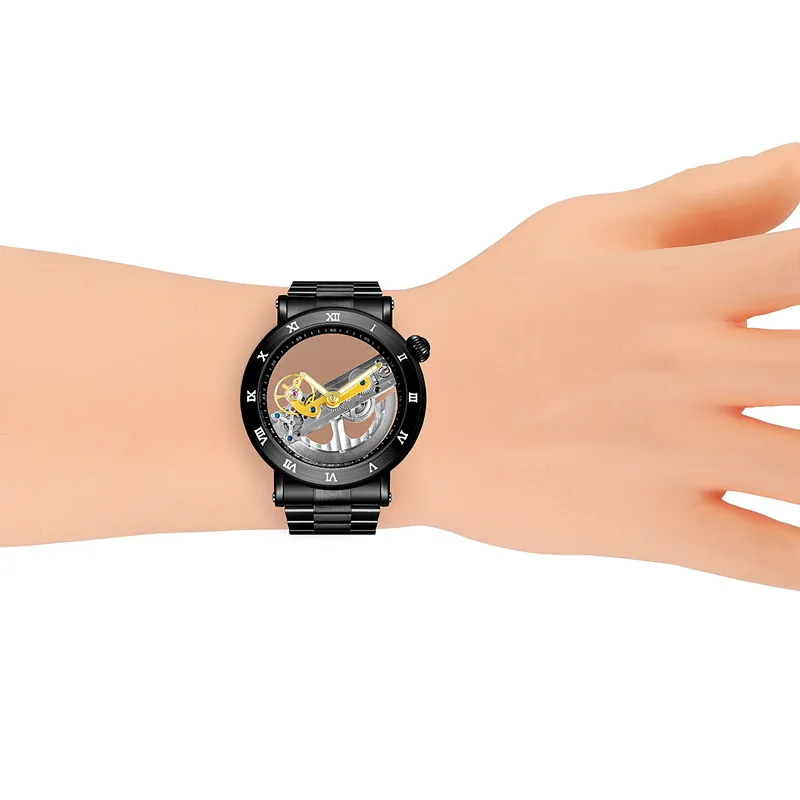 

Forsining Double Side Transparent Tourbillion Black Steel Mechanical Mens Creative Automatic Watch Top Brand Luxury Wristwatch