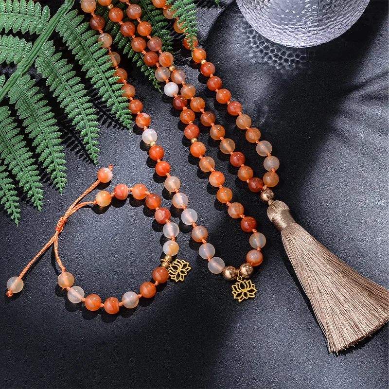 8mm Orange Agate Japamala Beaded Necklace Meditation Yoga Blessing Spirit Jewelry Set 108 Mala Women Rosary Lotus Pendant | Украшения и