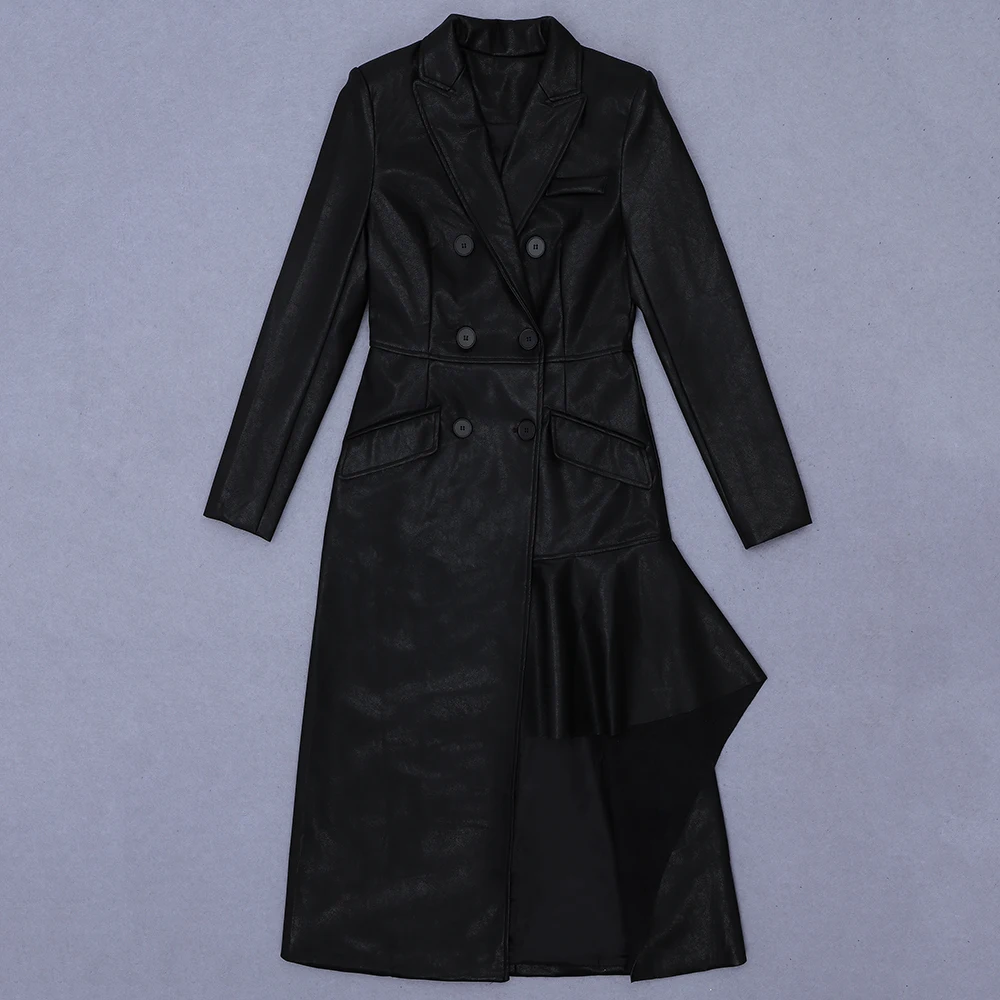 

New Women Fashion Sexy High Quality Long Double Breasted Leather Coat 2020 Office Lady Designer Designer Outwear Jacket Coat