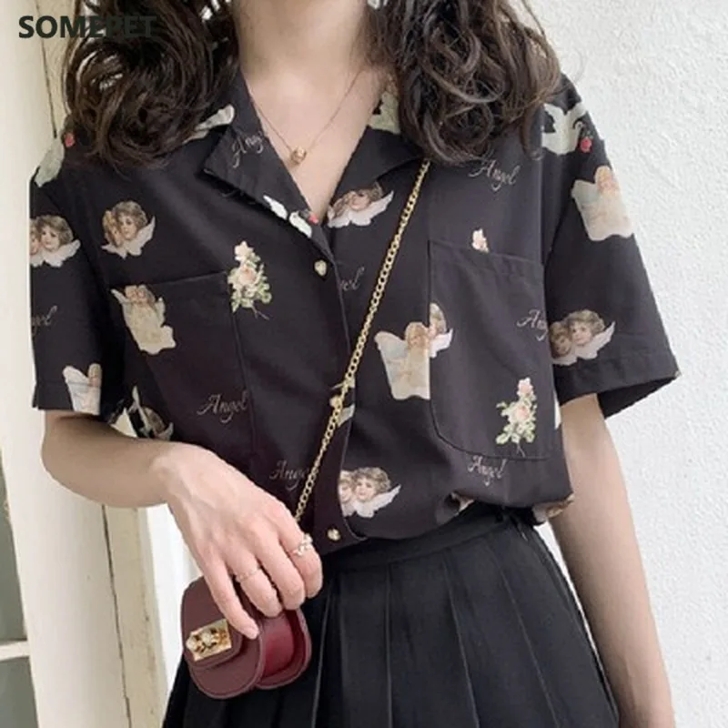 

Angle Pattern Print Blouse Women Vintage Korean Womens Shirt Summer White Leisure Loose Tops Women Fashion Shirts blouses