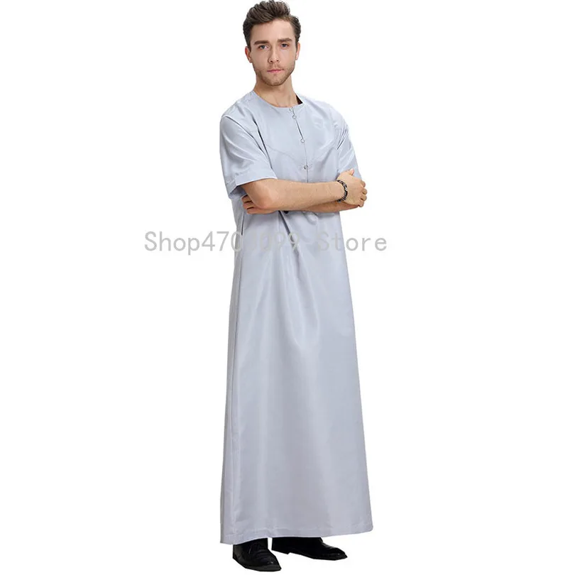 Arabic Abaya Muslim Dubai Kaftan Short Sleeve Adult Pakistan Men Solid O Neck White Gray Clothing Saudi Arab Male