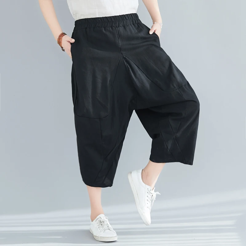 

Женские свободные шаровары, повседневные универсальные брюки до щиколотки из хлопка и льна с эластичным поясом, модель B316 на лето, 2021