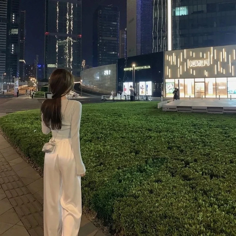 Брюки из ацетатной ткани свободные широкие штаны с завышенной талией модная