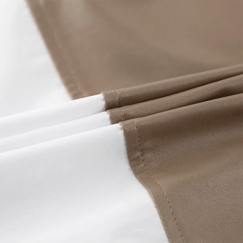 

Patchwork PU Leather Long Shirt Women Oversize Loose Pocket Buttons White Shirts Female Casual 2021 Spring Fashion Ladies Tops