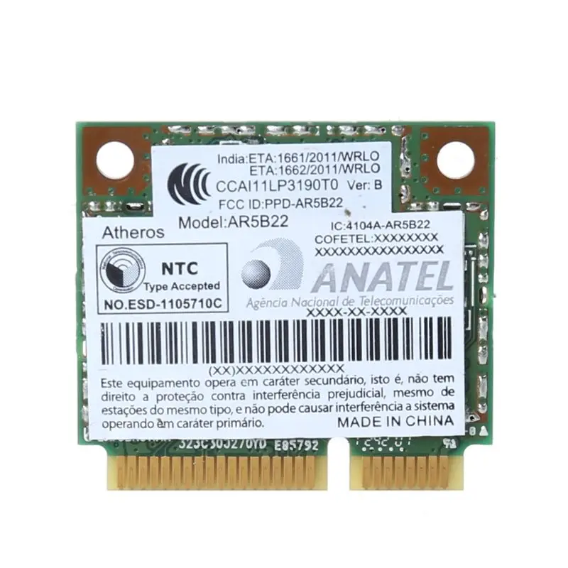 

AR9462 AR5B22 WB222 Половина мини PCIe 300 Мбит/с Bluetooth4.0 WLAN Wi-Fi адаптер беспроводной карты для ПК компьютера ноутбука