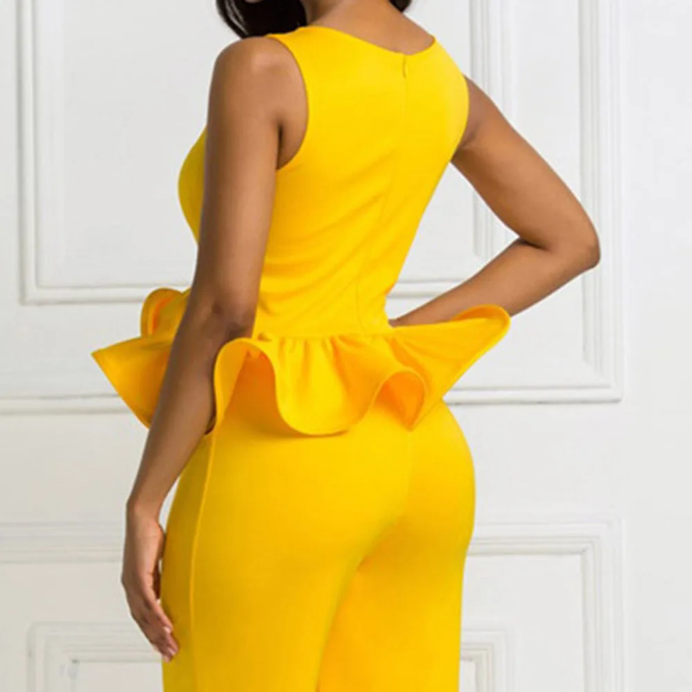 African Fashion Women Jumpsuit Plus Size S-2XL Solid Yellow Ruffles Party Long Jumpsuits Elegant Office Ladies Playsuit Rompers |