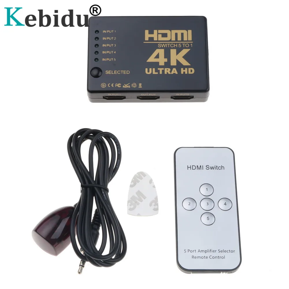 Kebidu Mini Switch 5 Port Input HDMI-compatible Splitter Switcher Box Selector 3D Format With IR Remote Control For PS3 HD DVD |