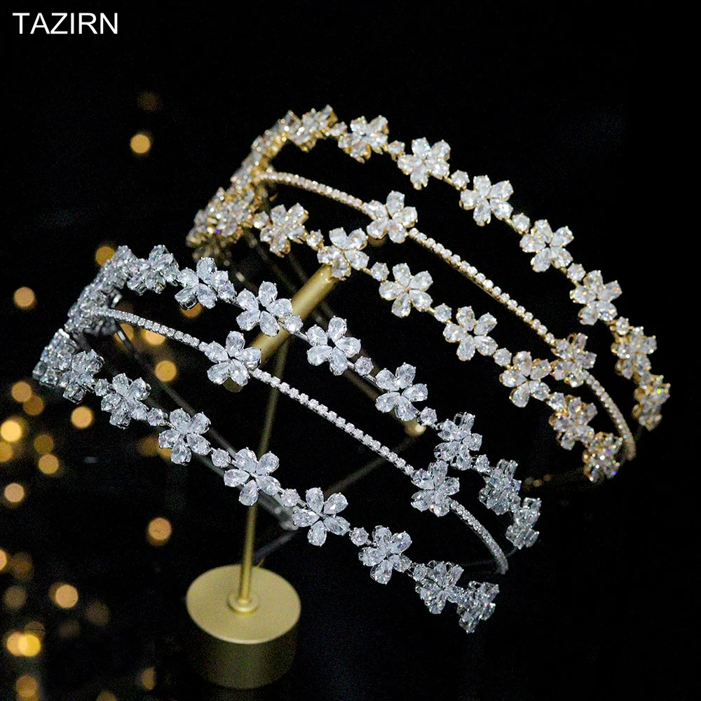 

2022 New Silver Gold Zirconia Headband for Women Hair Ornament 3A CZ Flower Headwear Bridal Crowns Fashion Wedding Headdress