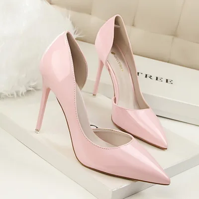 

Korean fashion simple stiletto high-heeled patent leather shallow mouth pointy hollow sexy thin high-heeled shoes