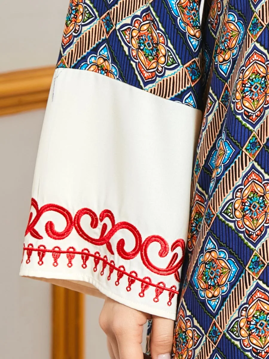 

Plus Size Indie Folk Embroidery Maxi Dress for Women Plus Size Contrast Color O Neck Long Sleeve Arabic Muslim Turkey Clothes