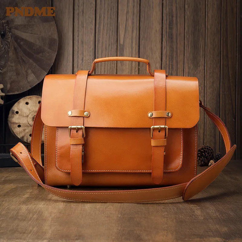 Vintage high quality natural genuine leather men's briefcase casual cowhide handbag business luxury work shoulder messenger bag