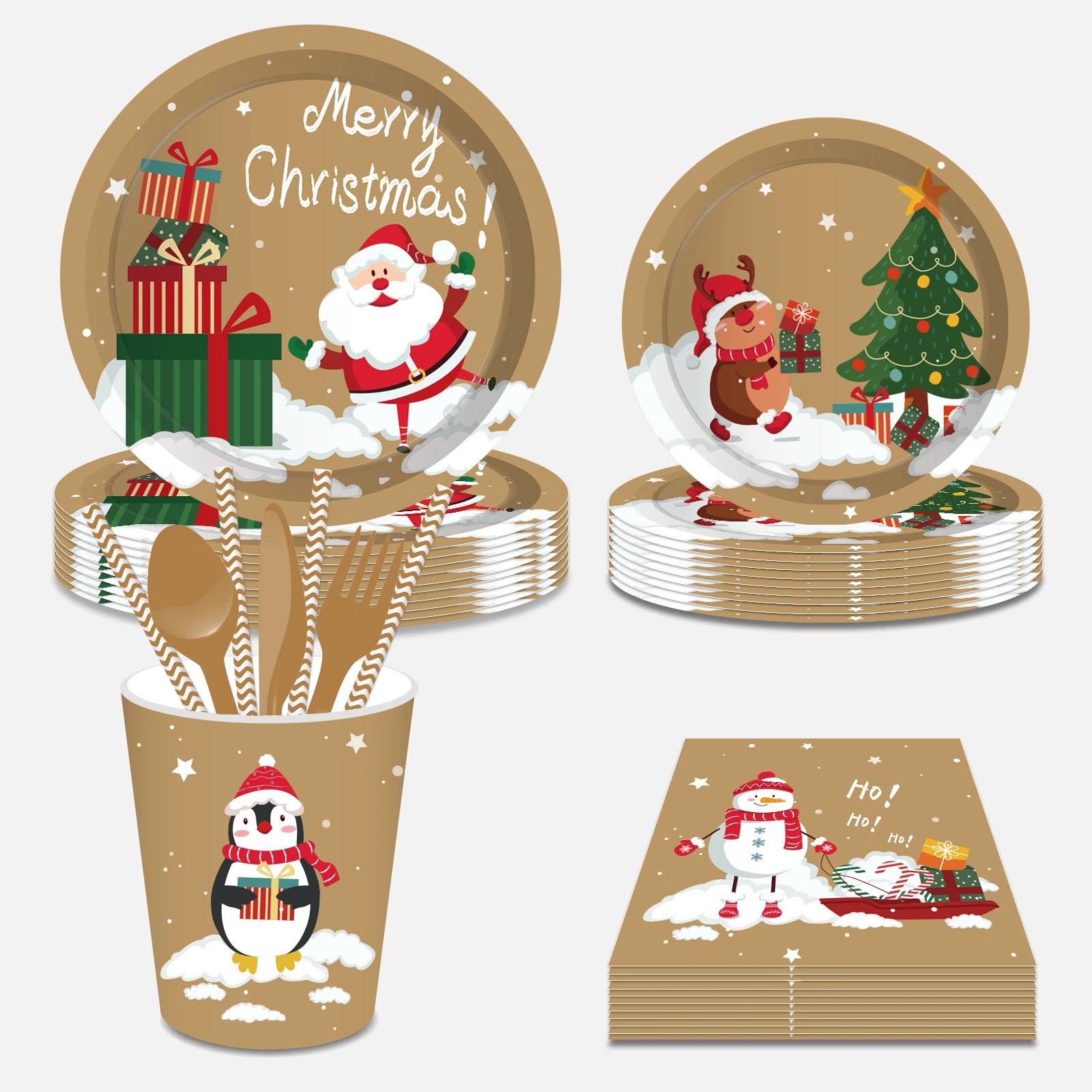 

Xmas Party Christmas Tree Santa Claus Gifts Sled Disposable Tableware Sets Paper Plates Cups Napkins of Party Favors Decorations
