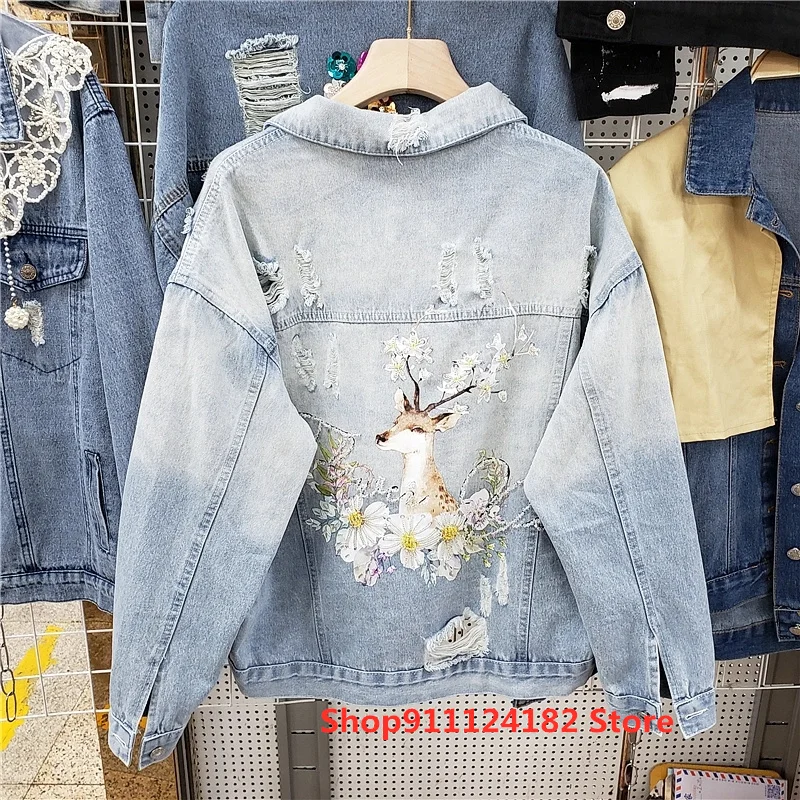 

Thailand Tide Brand 2021 Spring and Autumn New Korean Version of Loose and Thin Printing Heavy Industry Beaded Hole Denim Jacket