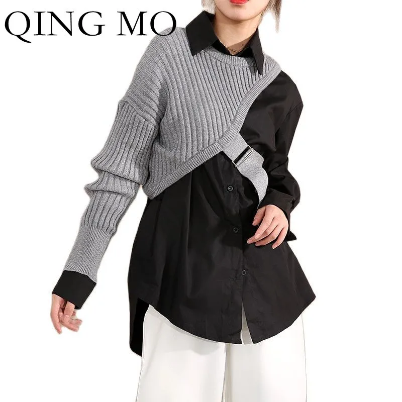 

Осенняя модная Новая блузка QING MO 2021 свободная с одним плечом вязаная блузка из двух частей трендовый уличный стиль черный белый ZWL256