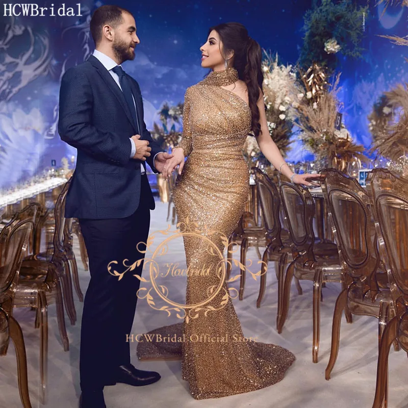 

Dark Champagne Glitter Saudi Arabic Evening Dress One Shoulder Long Sleeve Mermaid Special Occasion Women Dresses Plus Size Gown