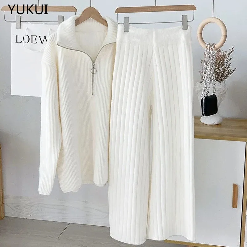 

Female Knitted Wide-leg Pants and Sweaters Women's Tracksuit Autumn Winter Casual Solid White Long Sleeve Jumpers 2 Pieces Set