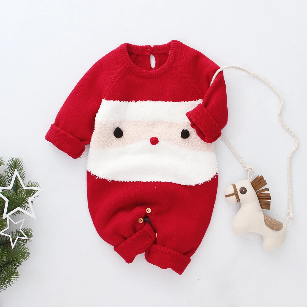 Christmas Infant Baby Boys Girls Xmas Knitted Jumpsuit Long Sleeve Sweater Romper Overalls Pullover 2Pcs Outfit 0-24M