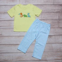 autumn clothes yellow short sleeve top and blue plaid trousers three dinosaurs embroidery pattern boys clothes