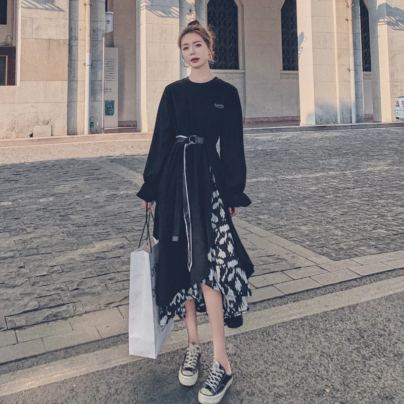 

SuperAen 2021 New Long Sleeve Chiffon Patchwork Long Dress Spring Summer Women Korean Shirt Dress Female A-LINE Dress