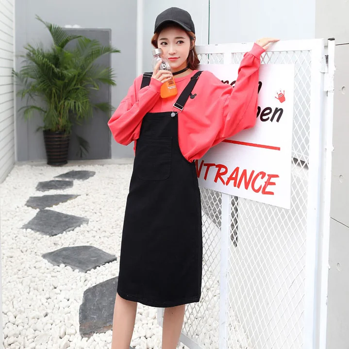 2020 Spring New Arrival Solid Suspender Girls Dress Knee-Length Basis Denim Sweet Preppy Style Korean DG80 | Женская одежда