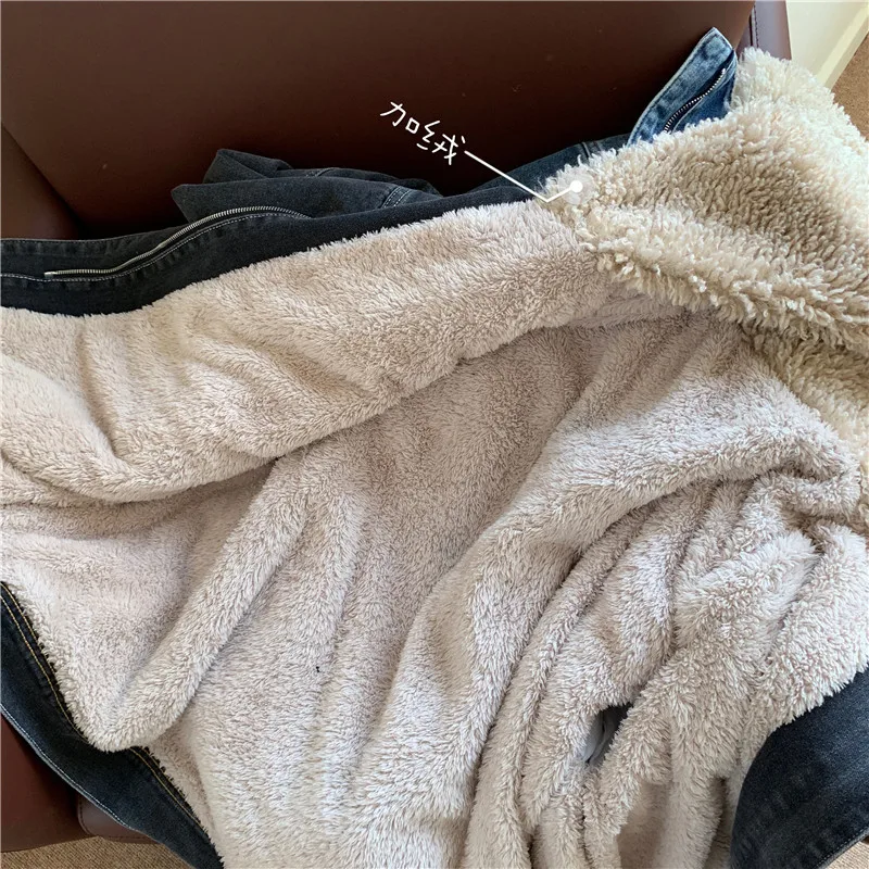 

2 Colors Winter New Winter Vintage Women Denim Jacket Loose Plus Velvet Padded Lamb Wool Female Oversized Denim Coat Mujer