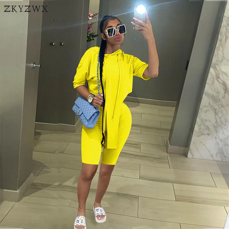 

Женский ассиметричный комплект ZKYZWX, летний комплект из двух предметов, топ с капюшоном и шорты для байкеров