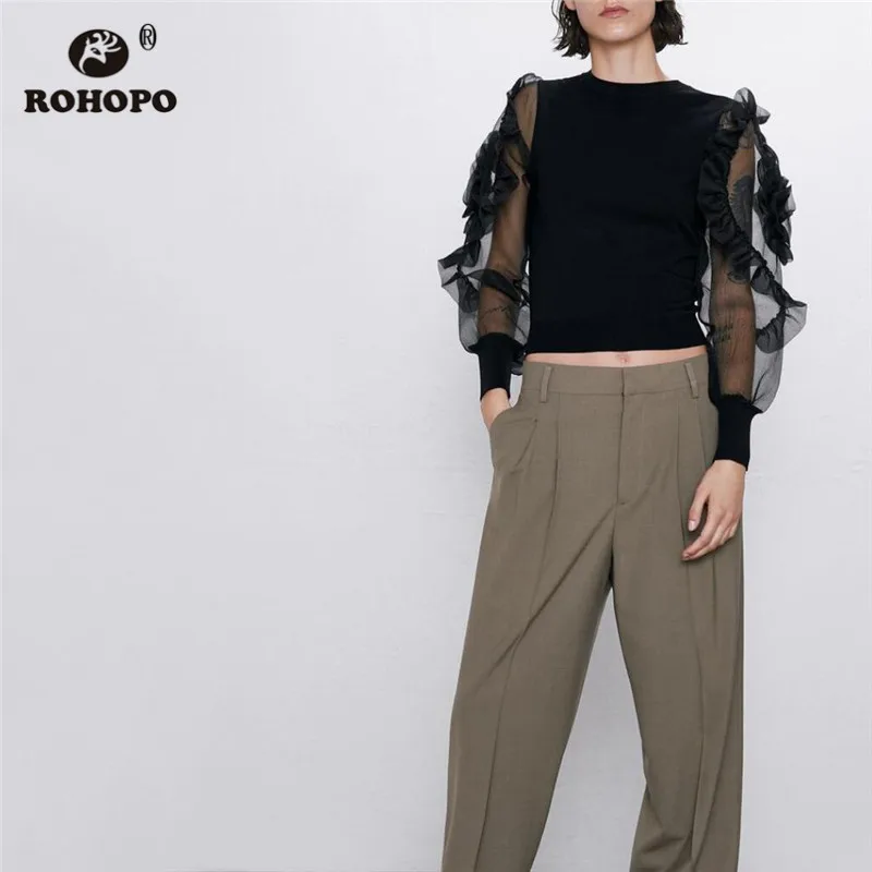 ROHOPO гофрированный тюль длинный рукав круглый воротник толстовка Kitted Body Patchaork