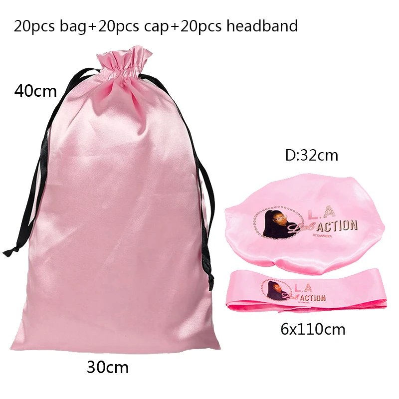 Упаковочные мешки/боне/повязки/ободки/шапки из шелкового атласа для волос с логотипом на кулиске, размером 18x30/30x40см в подарочном мешочке.