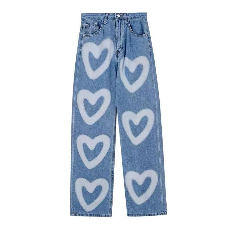 

Vintage Washed Love Printed Jeans Women Summer Straight Trousers Loose Wide Leg Pants Harajuku Streetwear Graffiti Cowboy Man