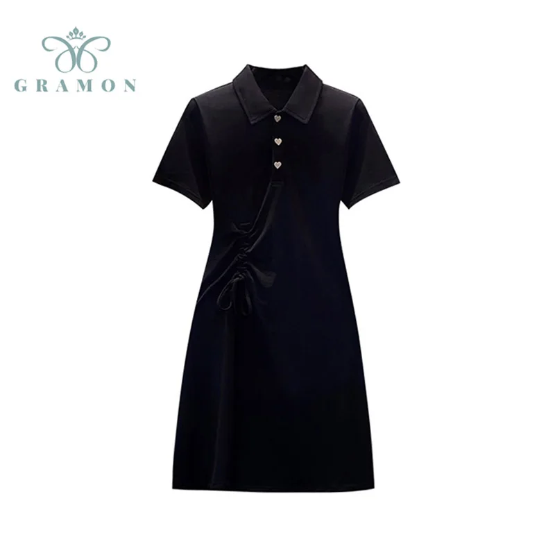 

Dress Women Plus Size Black Elegant Korean Fashion Turn Down Collar Long T-shirt Loose A-Line Midi Dress Female 2021 Summer