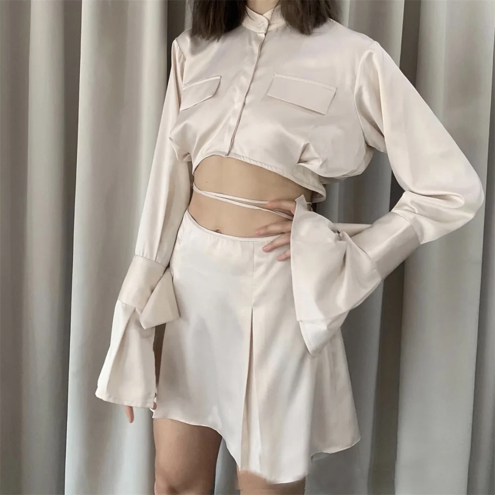 

Wholesale European And American Women's Skirt Set 2021 Spring Autumn New Solid Satin Cropped Top T-shirt Umbrella Skirt Slim Set