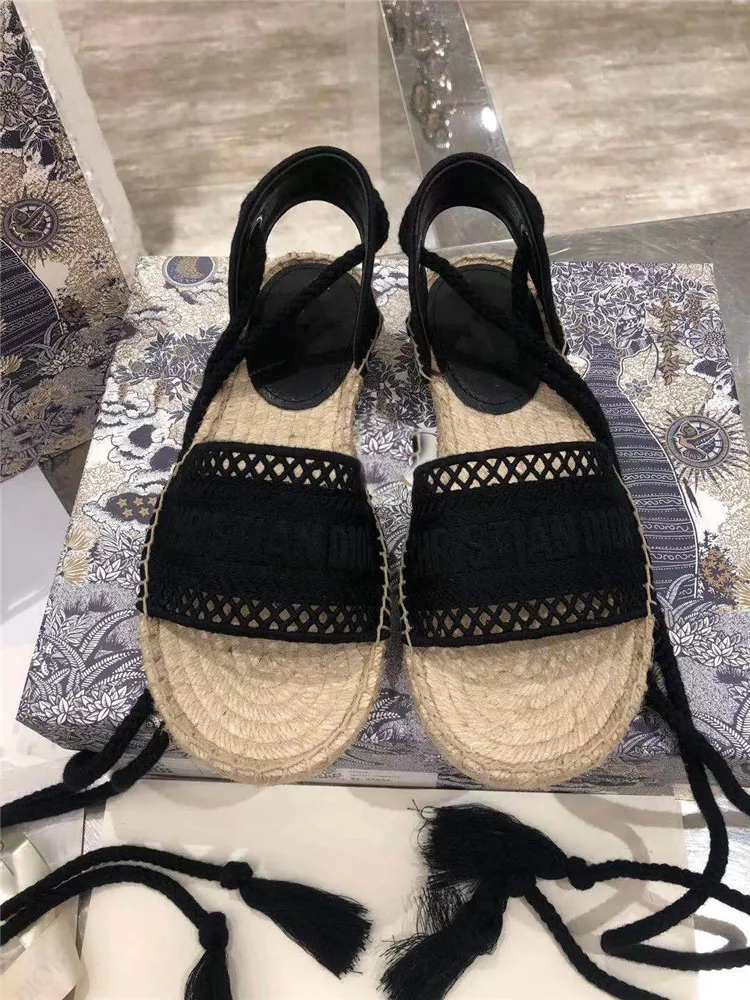 

Fashion Fisherman's Shoes Classic Cloth Embroidery Straw Woven Flat Sandals, Luxury Brand Designer Women's Sandals Size 35-41